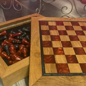 Plateau de jeux d'échec sur coffre lumineux -Chêne & résine rouge